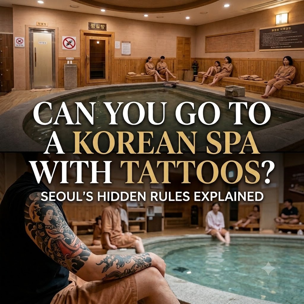 A man with a sleeve tattoo sitting by the hot pool in a Korean jjimjilbang, with other guests relaxing in spa robes
