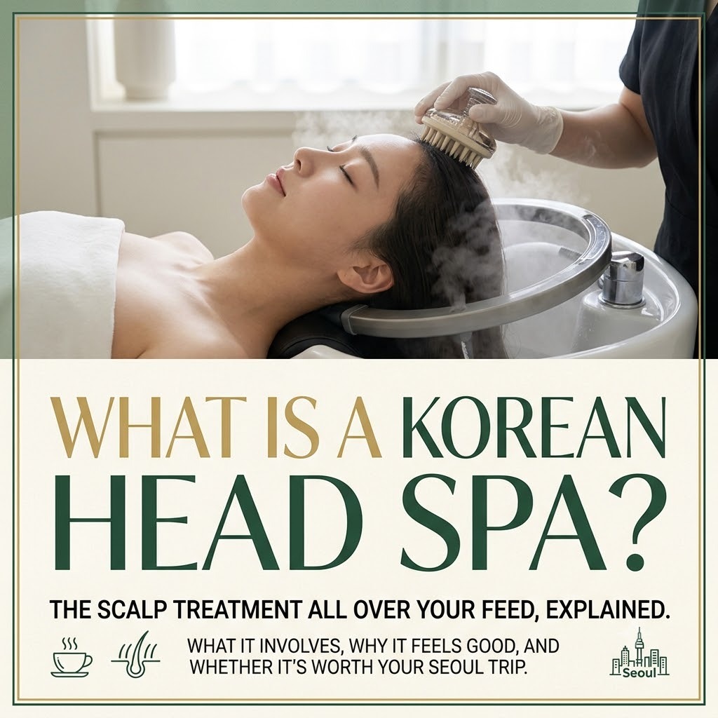 Title card for a Korean head spa guide — a guest reclining at a salon basin while a therapist works a scalp brush through their hair, steam rising from the water